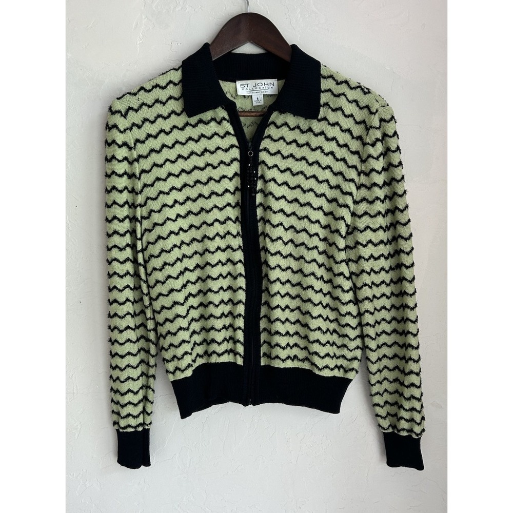 Vintage St. John Collection Zip Sweater Jacket 6 Zig Zag Green Quiet Luxury